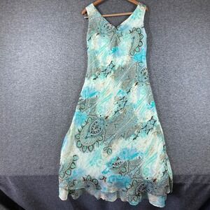 Y2K Dressbarn Paisley Chiffon Dress Womens 10 Blue Green Lined